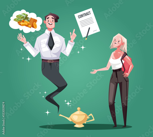 Business genie magic office worker lamp. Vector flat graphic design element concept illustration