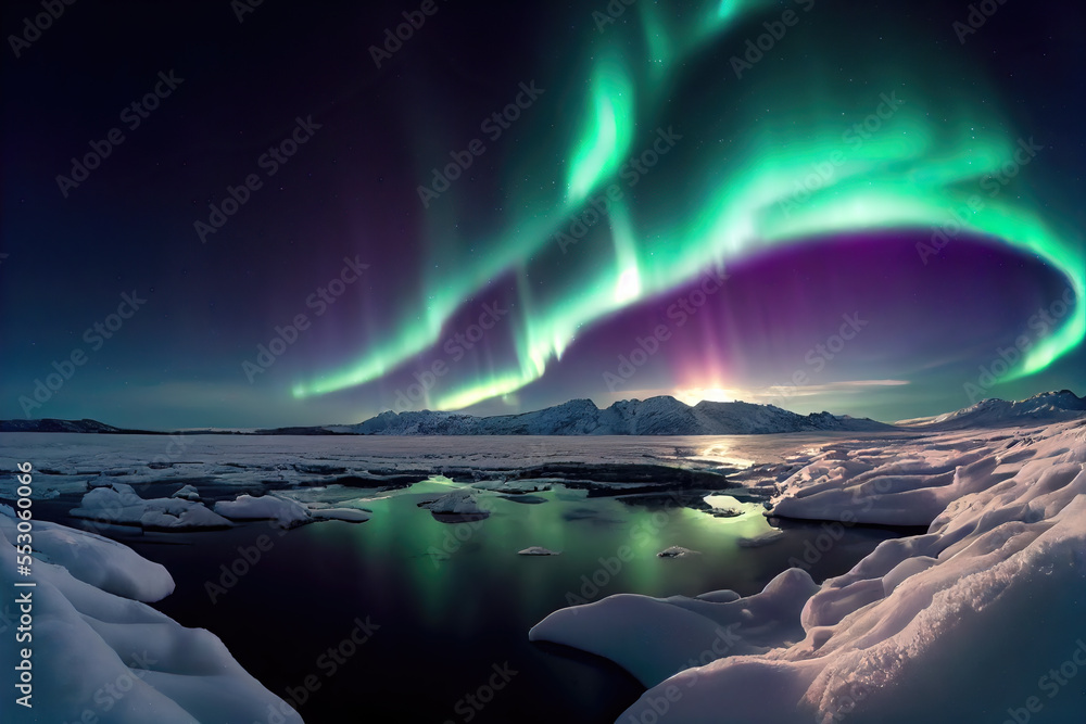 illustration of green Northern lights in the sky above the mountains of Norway. Night sky with polar lights. Night winter landscape, Aurora Borealis Lofoten, Generative AI