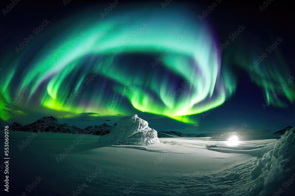 illustration of green Northern lights in the sky above the mountains of