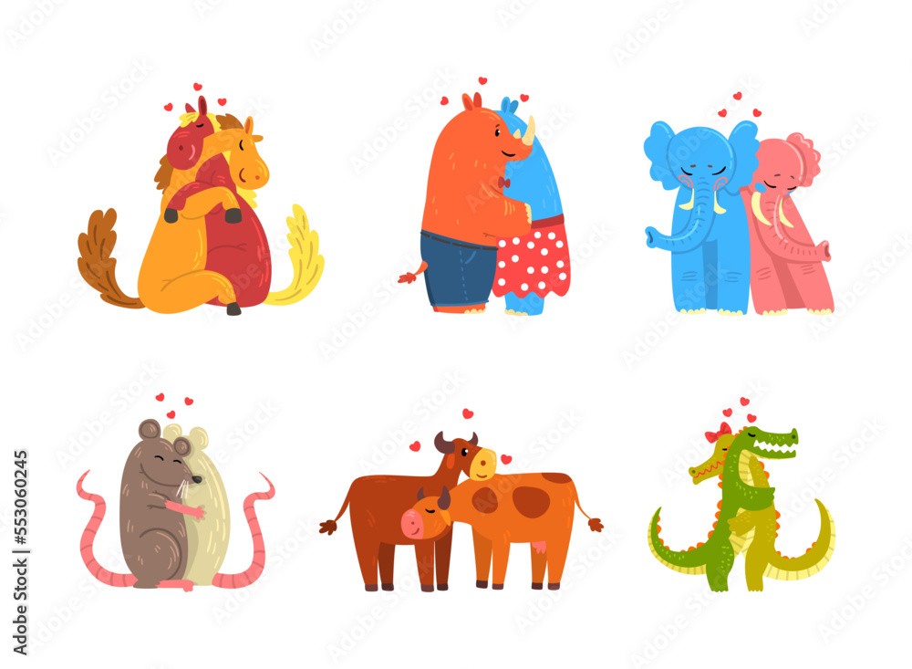Fototapeta premium Couple of Animals in Love Embracing Each Other Vector Set