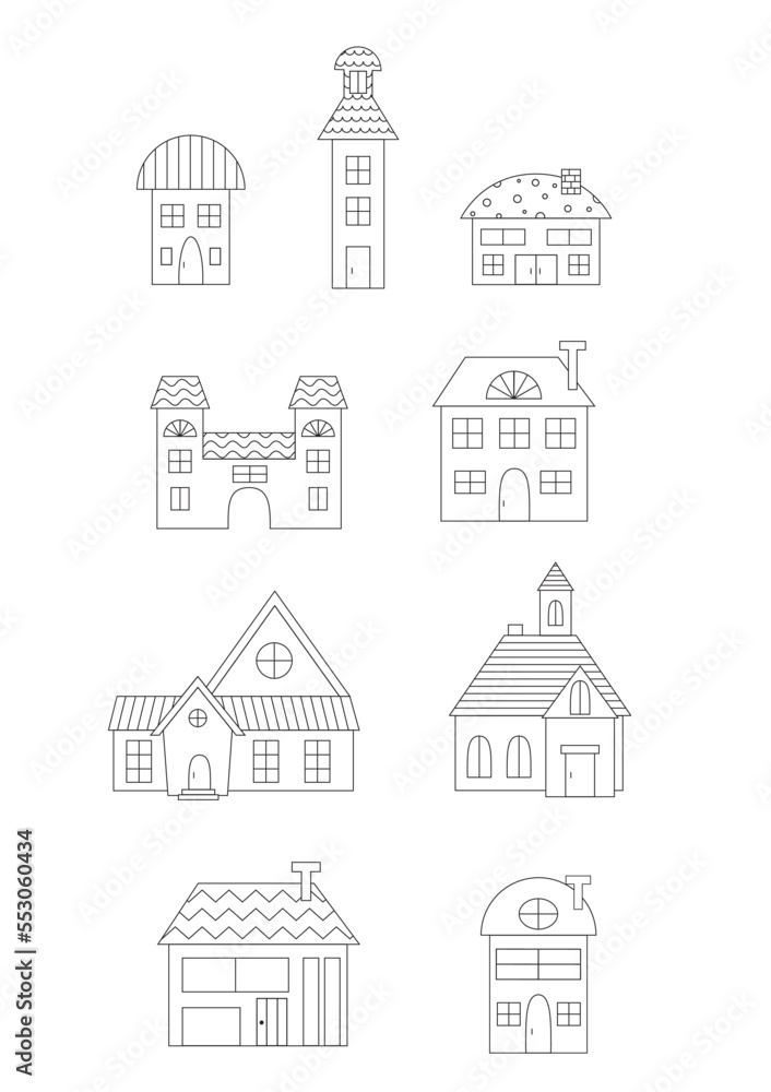 Set of flat lined funny cartoon homes. 
