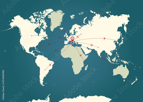 Vector world map with flight routes in vintage colours. Perfect for infographics, website, design, cover, annual reports, travel agneces, holidays, areospace companies.
