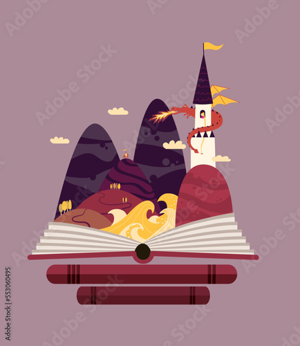 Purple, fairy tale landscape - princess in a tower guard by a dragon with knight wnated to save her. Children story coming out of the book.
