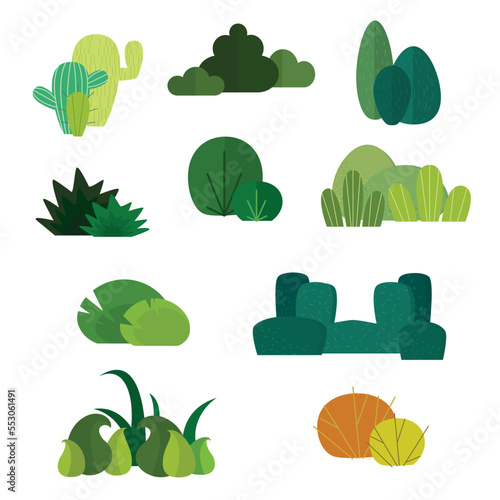 flat design bushes, hedge, live fence. isolated on white background. Beautiful set of vector green bushes in groups.
