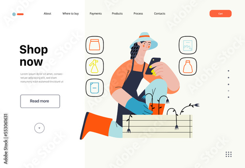 Shop now - Online shopping and electronic commerce series - modern flat vector concept illustration of a woman gardening and shopping online. Promotion, discounts, sale and online orders concept