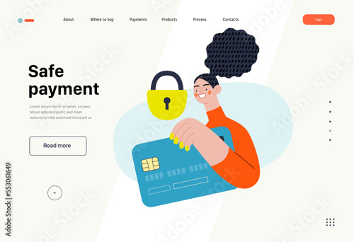 Safe payment - Online shopping and electronic commerce series - modern flat vector concept illustration of a woman with a plastic card and a lock. Protection and security of online orders concept