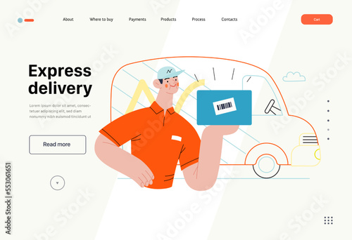 Express delivery - Online shopping and electronic commerce series - modern flat vector concept illustration of a delivery man with a box and van. Shipment, sale and online orders concept