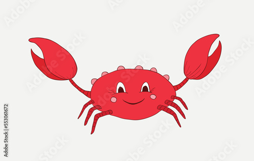 Cartoon childish red crab with a big smile and big claws 