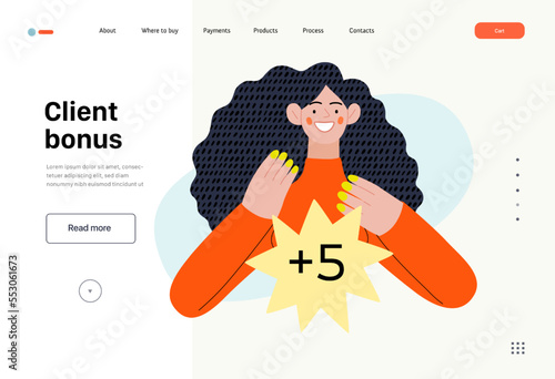 Client bonus - Online shopping and electronic commerce series - modern flat vector concept illustration of a woman receiving a bonus. Promotion, discounts, sale and online orders concept