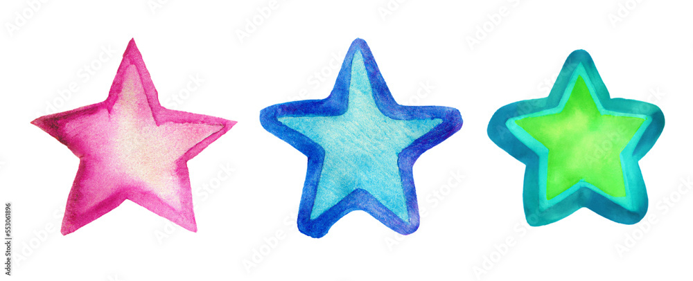 Three colorful stars in pink, green and blue, isolated on white generative ai illustration Three colorful stars in pink, green and blue, isolated on white generative ai illustration