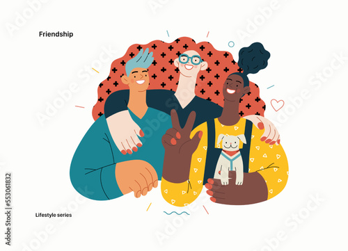 Lifestyle series - Friendship - modern flat vector illustration of a happy young man and women embracing and posing together. People activities concept