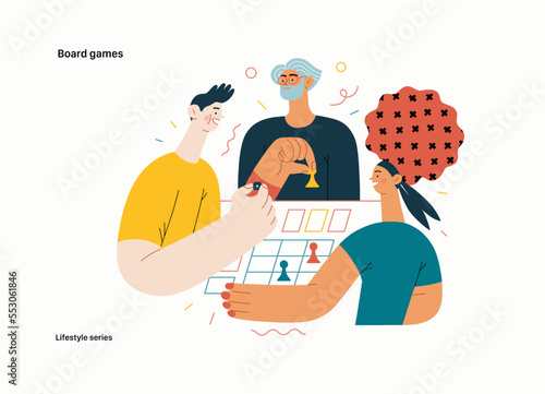 Lifestyle series - Board games - modern flat vector illustration of people playing a board card game with a dice. People activities concept