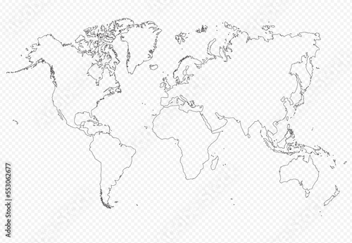 Contour world map, flat on isolated background. Very detailed. Vector globe template ideal for website, design, cover, annual reports, infographics. 