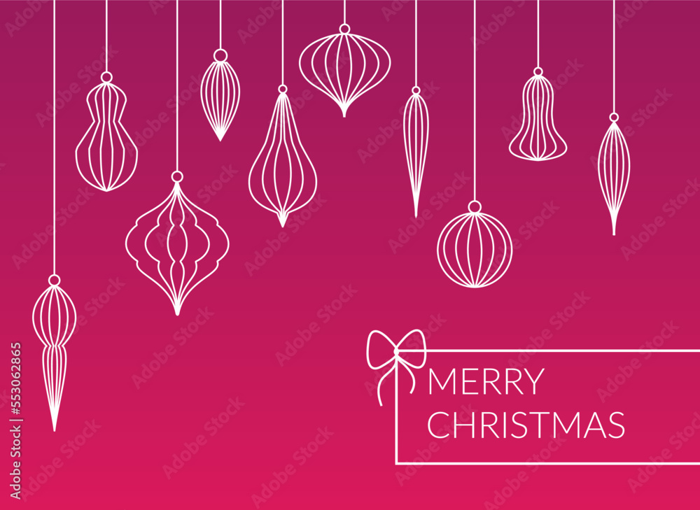 Different kinds lined baubles - balls hanging set on pink background. Simple design Merry Christmas postcard. Simple, modern company xmas card design.

