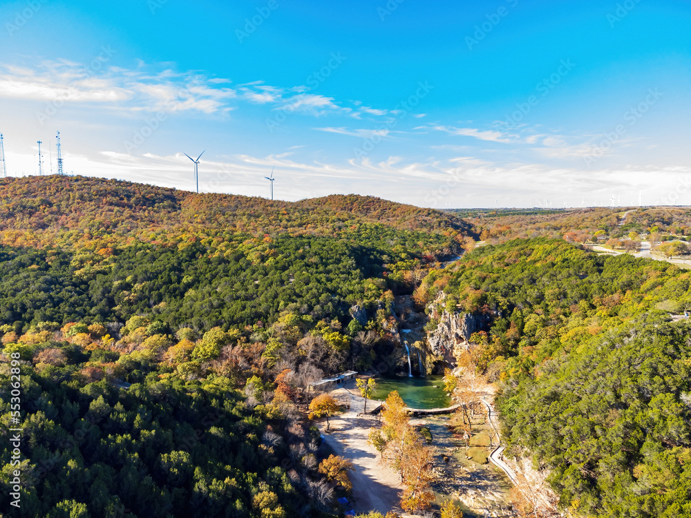 Sunny view of the fall color of Turner Falls