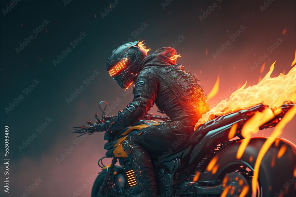 Motorcycle rider driving through fire and flames Motorcycle rider driving through fire and flames