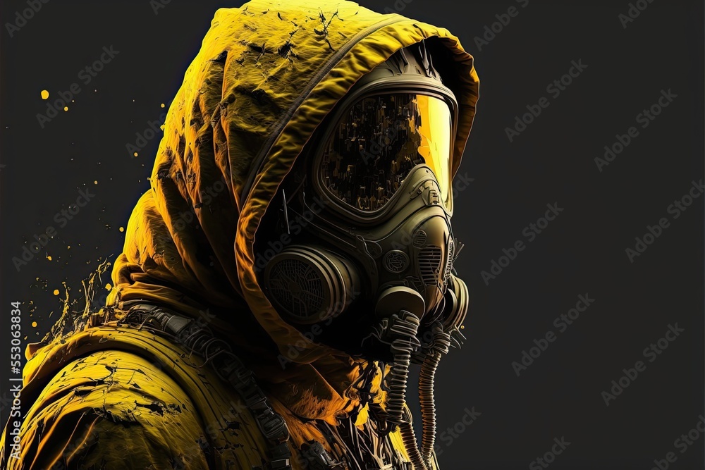 Man in yellow hooded hazmat suit and black gas mask. Apocalypse gear.  Isolated on black background. Stock Illustration