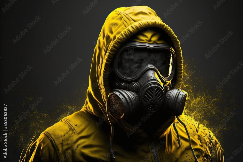 Man in yellow hooded hazmat suit and black gas mask. Apocalypse gear.  Isolated on black background. Stock Illustration