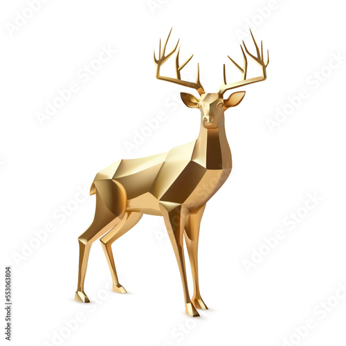Vector realistic horned deer made of golden polygons. Polygonal reindeer, 3d render. Digital art. Golden reindeer for christmas design.