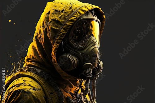Man in yellow hooded hazmat suit and black gas mask. Apocalypse gear. Isolated on black background.