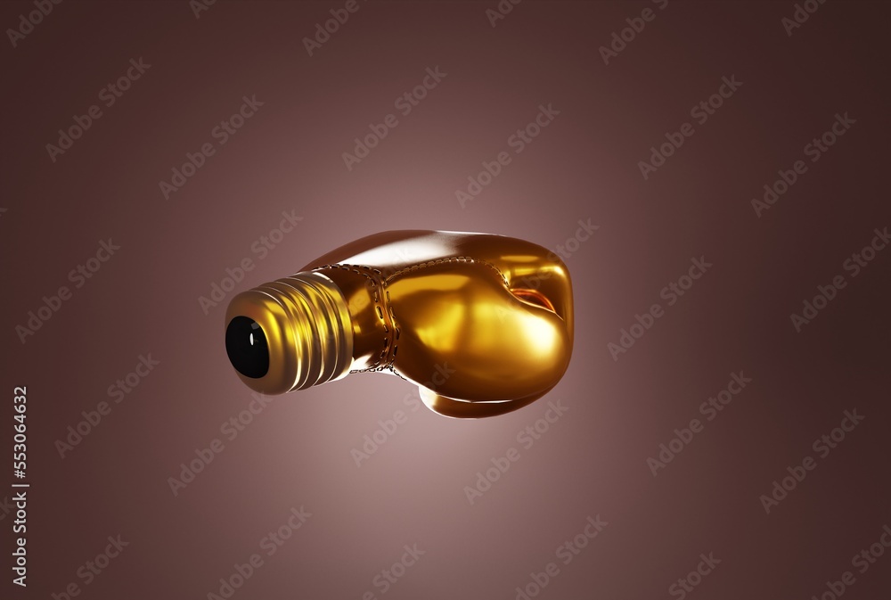 A boxing glove with a bulb tip on a dark red background. Business concept, climbing the career ladder, fighting for promotion. 3D render; 3D illustration.