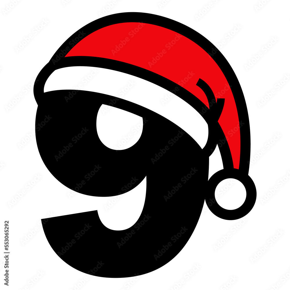 Logo aislado con cifra número 9 con gorro Papá Noel lineal para su uso ...