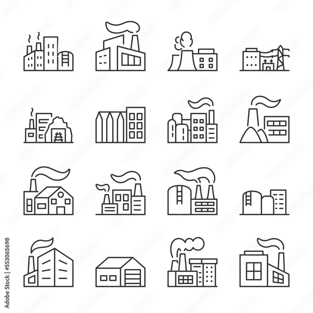 Industrial buildings icons set. Factory, business center, storage, production building with chimney and smoke, linear icon collection. Line with editable stroke