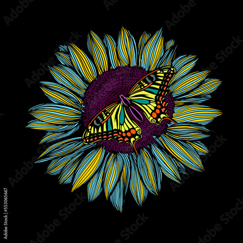 Graphic object sunflower with butterflies. Vector illustration