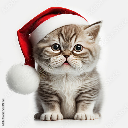 Cute Christmas kitty cat with Santa Claus hat, digital art © PostReality Media
