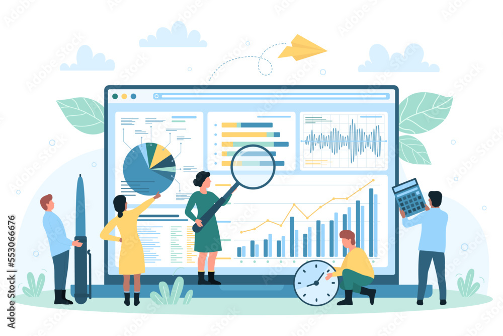Data monitoring and analysis on desktop vector illustration. Cartoon tiny people with magnifying glass research graphs, charts and diagram on laptop screen, monitor financial report growth for trade