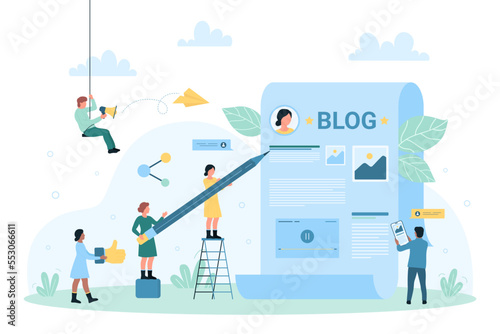 Creative blog post, content creation vector illustration. Cartoon tiny people create article with images and video for social media, author blogger storytelling and writing with pencil on paper