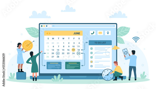 Effective time management vector illustration. Cartoon tiny people work with settings of calendar app and to do list on laptop screen, managers plan corporate meetings, business training events