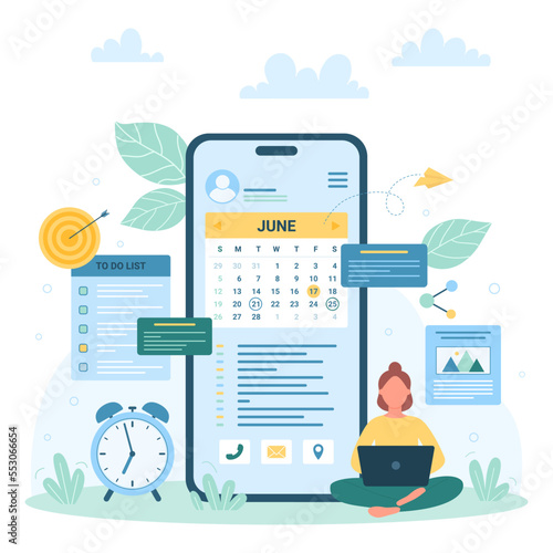 Calendar with reminder, schedule time management in smartphone vector illustration. Cartoon tiny person working with calendar app on mobile phone screen and to do list in bubbles to plan events online