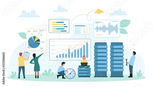 Business data analysis on dashboard, analytics vector illustration. Cartoon tiny people monitor financial graphs and charts, marketing report, research and control digital statistics with software