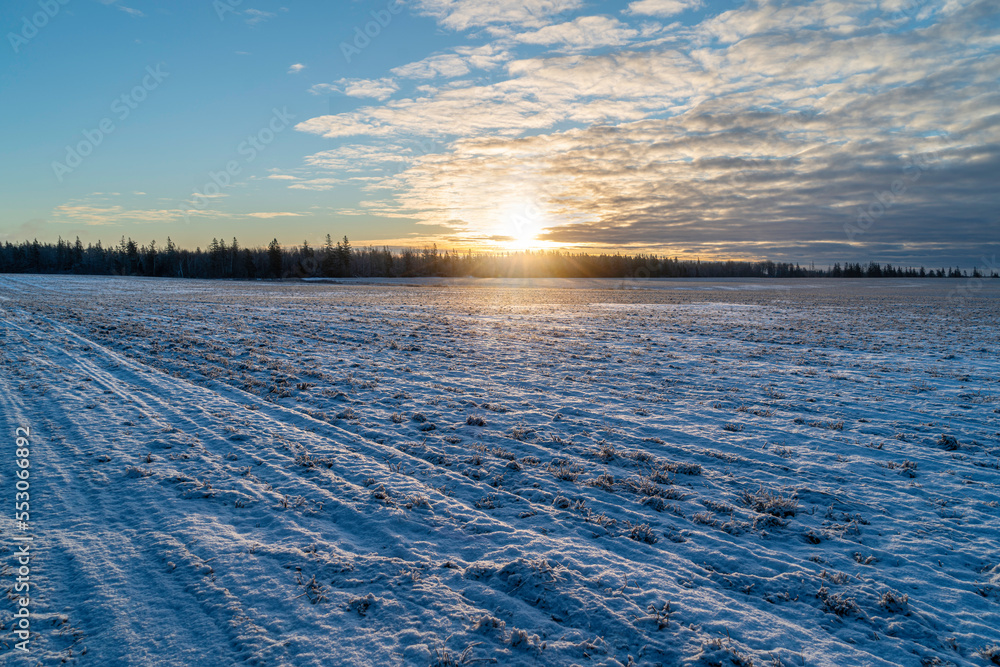 Sunset over winter fields in rural Canada.