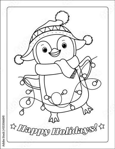Christmas Penguin Coloring Page for Kids, Holiday Coloring Sheets, Christmas Kids Coloring Pages vector