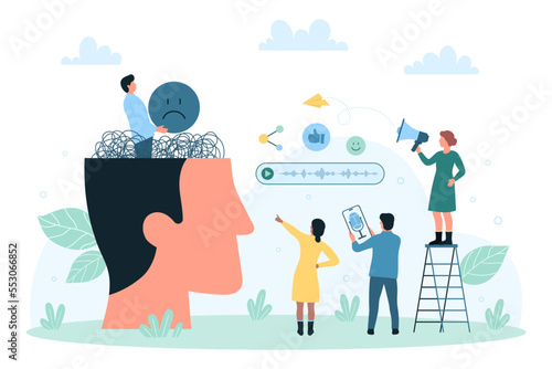 Mind health, psychology and innovation technology vector illustration. Cartoon tiny character inside abstract human head holding sad emoticon, therapist with voice assistant recording support message