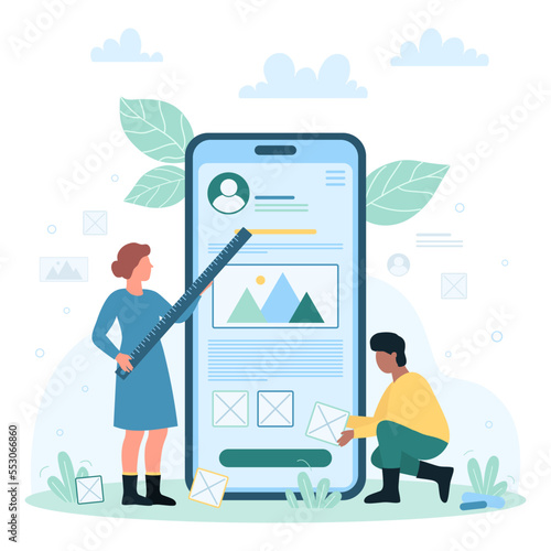 Mobile app development process vector illustration. Cartoon tiny people holding ruler and design elements to create prototype mockup online, develop interface of application product on phone screen