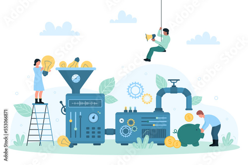 Marketing funnel vector illustration. Cartoon tiny people throwing bright light bulbs into funnel of machine to convert creative ideas into gold coins, process of conversion of projects into profits
