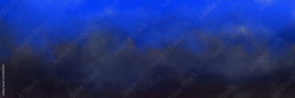 Black smoke wisps or hazy fog on blue background, light blue cloudy sky texture, abstract banner design