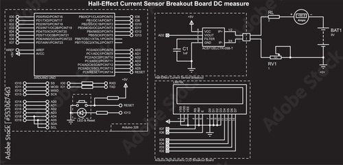 Vector schematic diagram of an electronic device on the arduino.
Connecting an expansion board with a current sensor and alphanumeric lcd display to an arduino. Hall-effect current sensor breakout boa