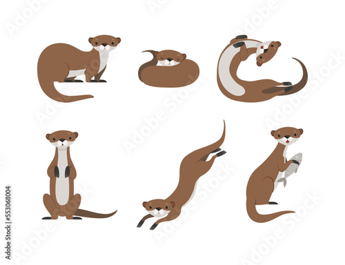 Sea Otter as Marine Mammal and Aquatic Creature with Brown Coat and Long Tail Sitting and Swimming Vector Set