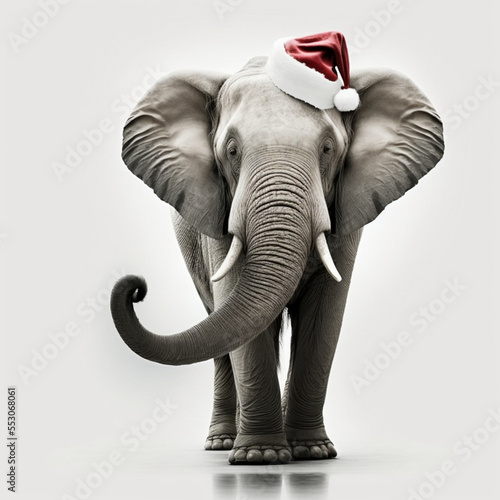 Adorable Christmas elephant in Santa Claus hat  isolated on white  digital art