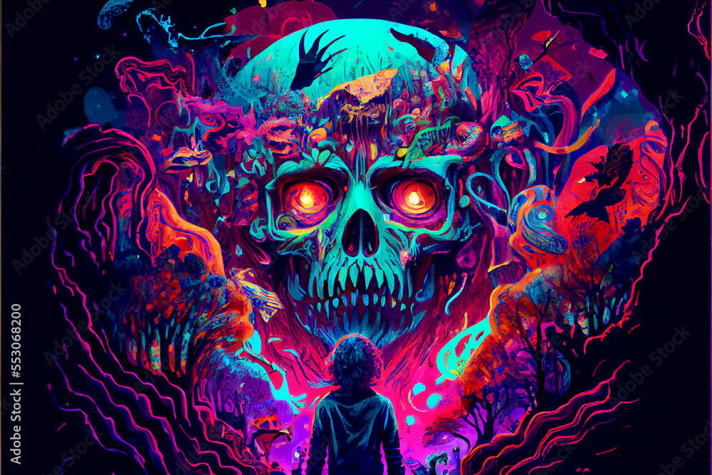Generative AI abstract render of a psychedelic human skull Generative AI abstract render of a psychedelic human skull