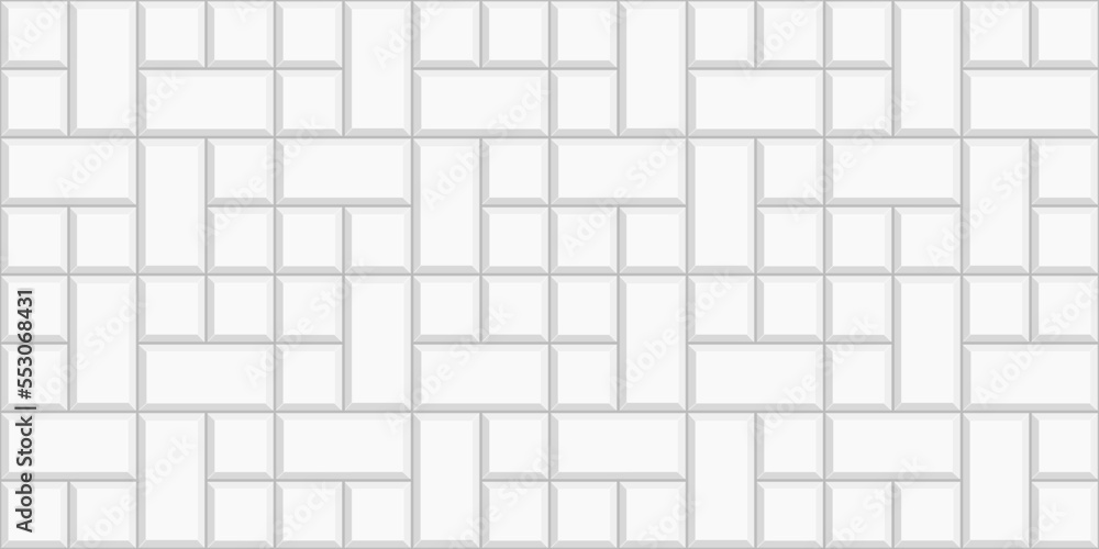 White pinwheel tile horizontal background. Causeway texture. Stone or ceramic brick wall. Kitchen backsplash mosaic surface. Bathroom, shower or toilet floor decoration. Vector flat illustration White pinwheel tile horizontal background. Causeway texture. Stone or ceramic brick wall. Kitchen backsplash mosaic surface. Bathroom, shower or toilet floor decoration. Vector flat illustration