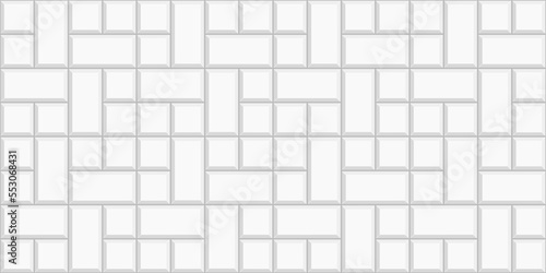White pinwheel tile horizontal background. Causeway texture. Stone or ceramic brick wall. Kitchen backsplash mosaic surface. Bathroom  shower or toilet floor decoration. Vector flat illustration