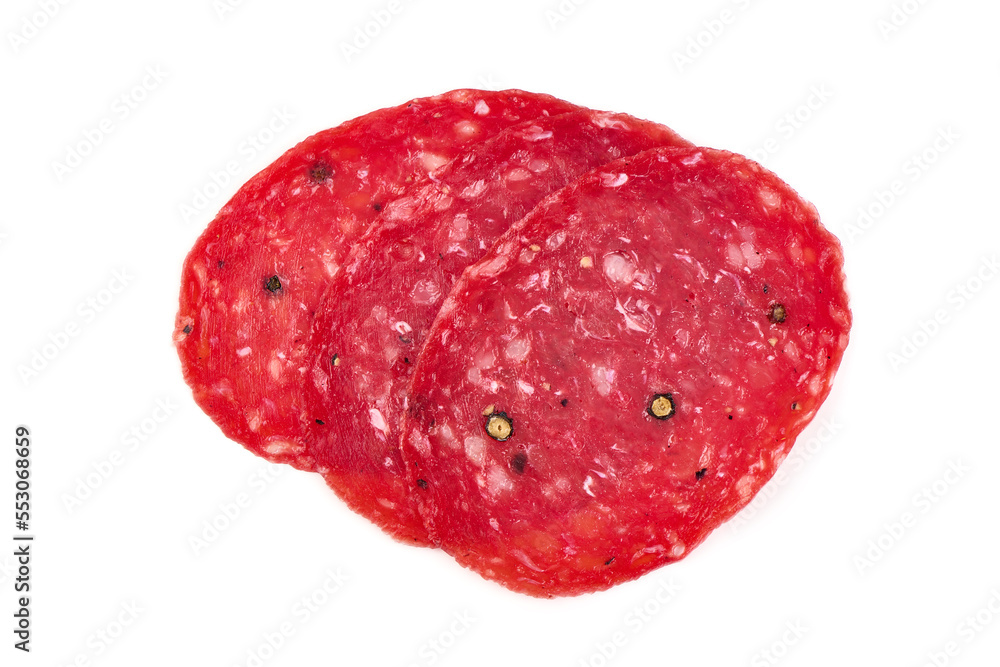 Spanish salchichon sausage, isolated on white background. Spanish salchichon sausage, isolated on white background.
