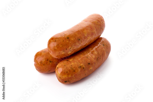 Smoked sausages for grill, isolated on white background. High resolution image.