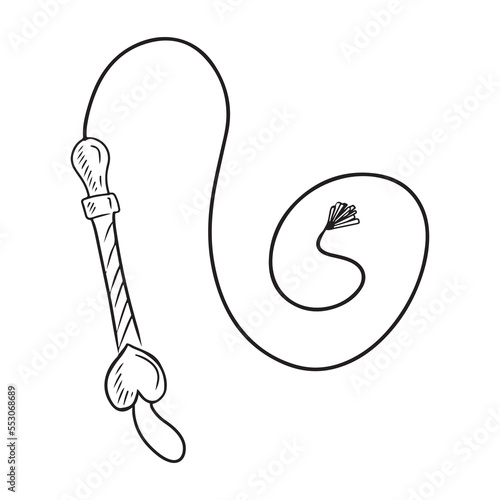 Whip knout with heart in black with tassel isolated on white background. Hand drawn vector sketch illustartion in vintage doodle engraved style. Accessory for the adult sex role game.