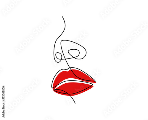 One continuous line drawing of lips with red lipstick. Modern face portrait of makeup in simple linear style. Mascot icon for posters, cards, banner, template, web. Doodle vector illustration